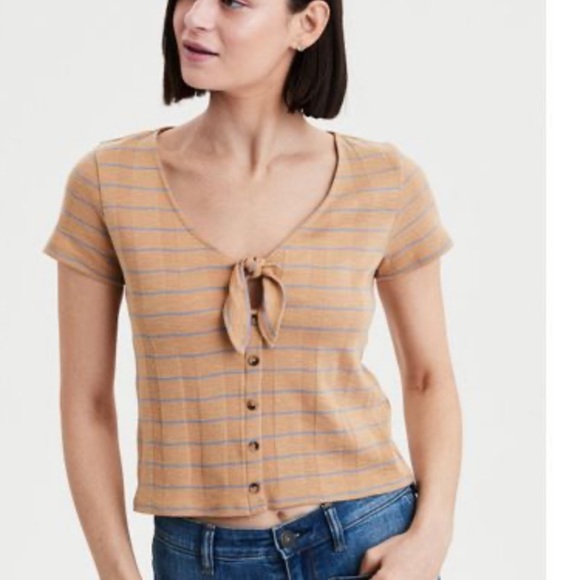 American Eagle Outfitters Tops - AEO Gold and blue tye front tee